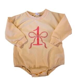 1st Birthday 12-18M Baby Girl Bodysuit Cream Pink‎ Bow Long Sleeve Cotton Blend